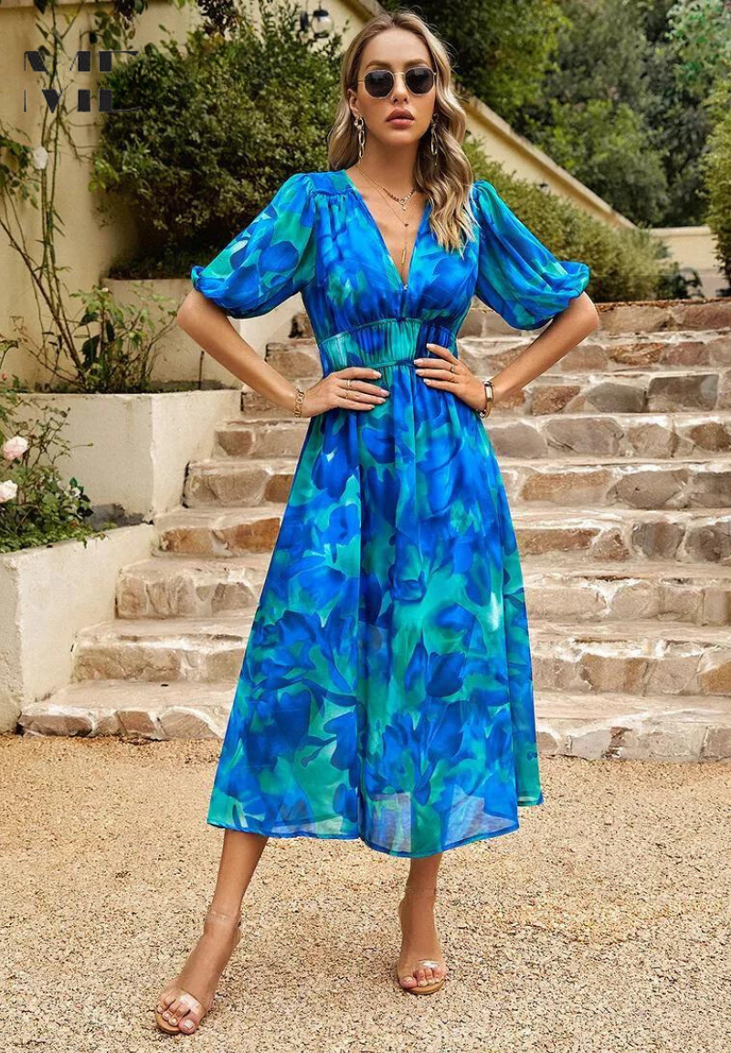Women's Floral Midi Dress Puff Sleeve V Neck – Wedding Guest