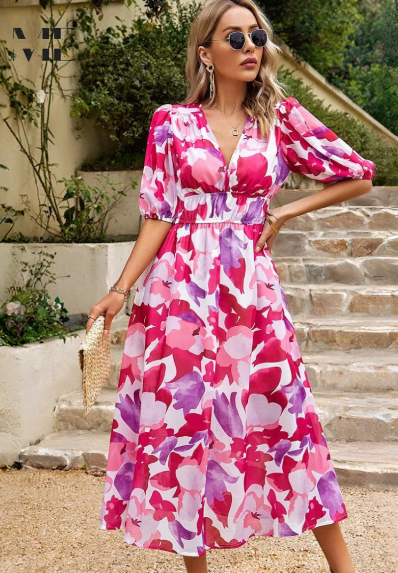 Women's Floral Midi Dress Puff Sleeve V Neck – Wedding Guest