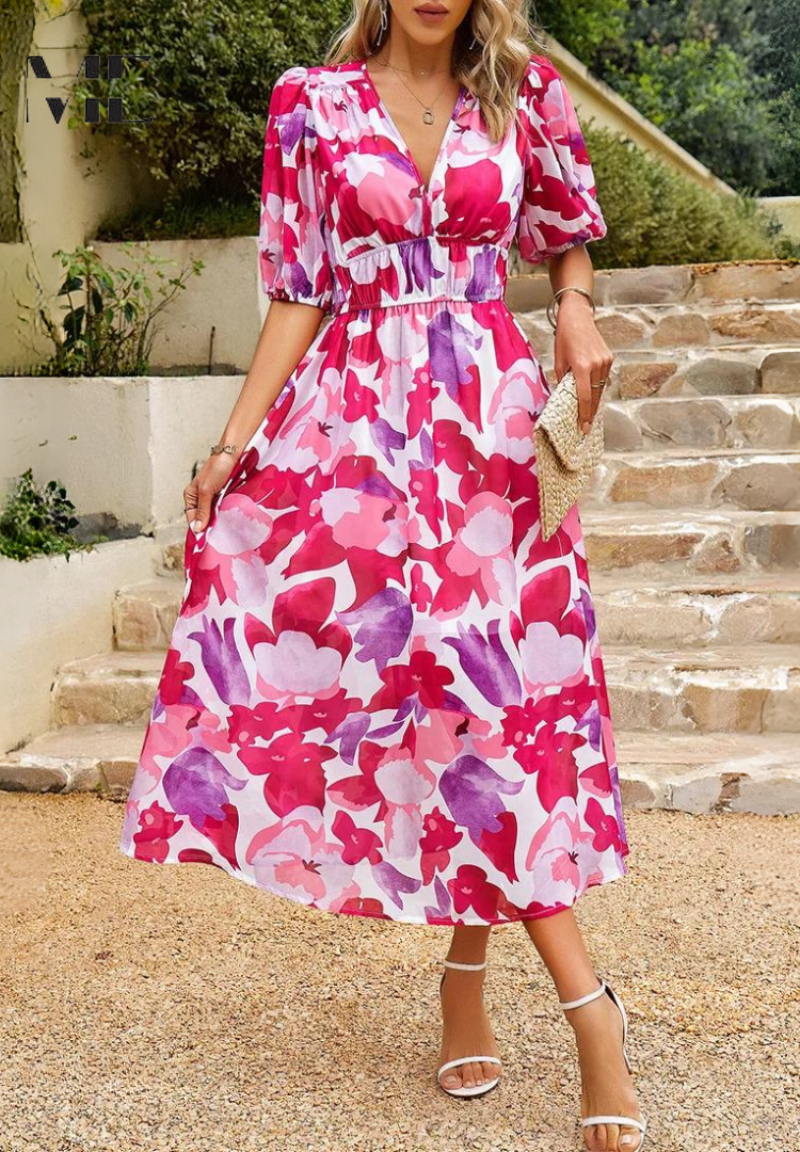 Women's Floral Midi Dress Puff Sleeve V Neck – Wedding Guest