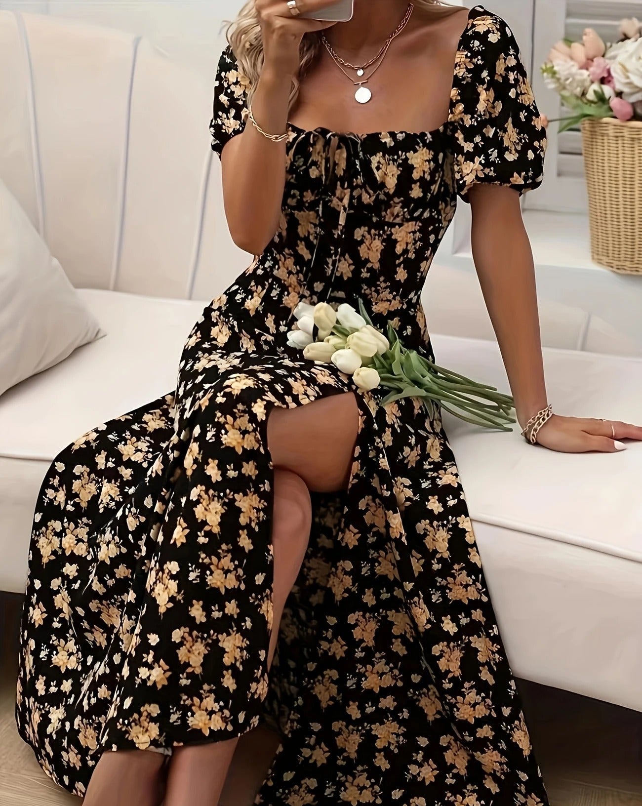 Women's Floral Midi Dress Short Sleeve Sweetheart Neck – Garden Party