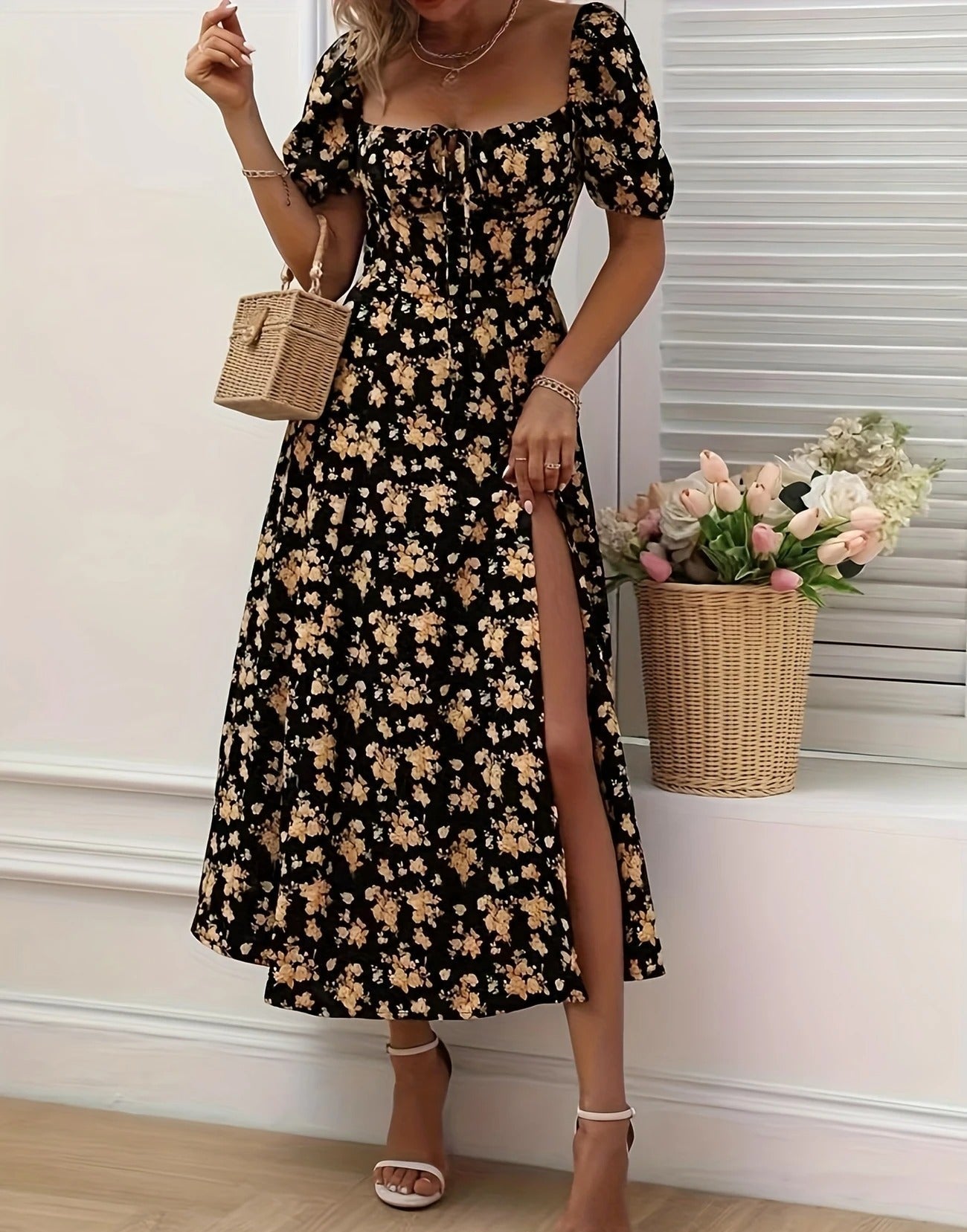 Women's Floral Midi Dress Short Sleeve Sweetheart Neck – Garden Party