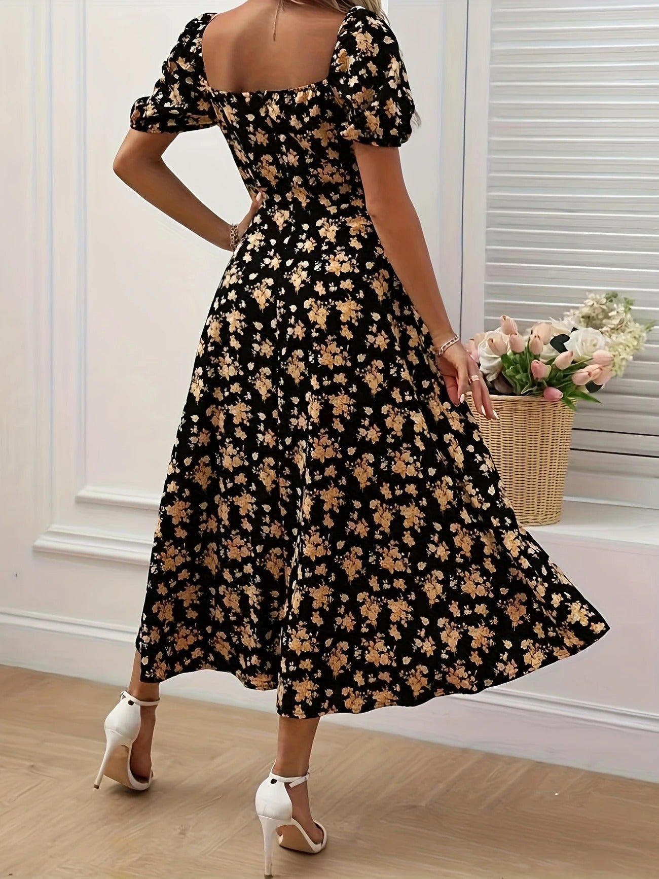 Women's Floral Midi Dress Short Sleeve Sweetheart Neck – Garden Party