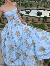 Women's Floral Midi Dress Square Neck Spaghetti Strap – Garden Party Wedding Guest