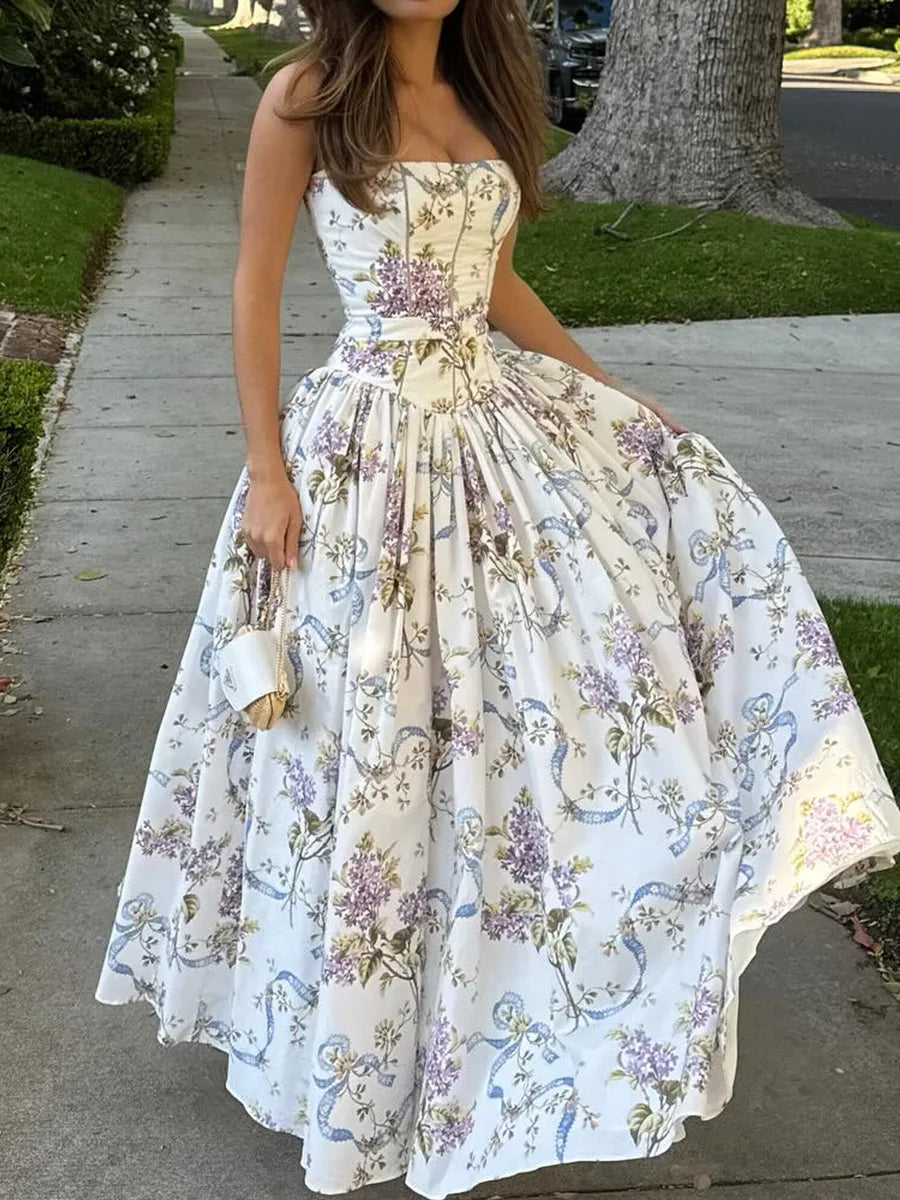 Women's Floral Midi Dress Square Neck Spaghetti Strap – Garden Party Wedding Guest