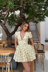Women's Floral Mini Dress Puff Sleeve V Neckline – Garden Party