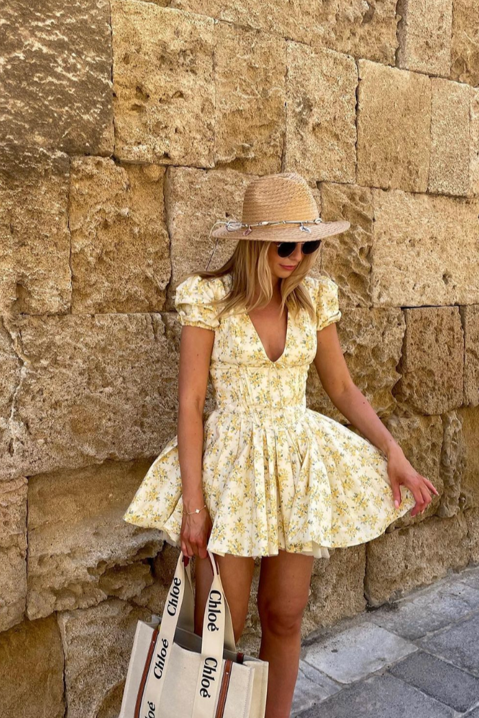 Women's Floral Mini Dress Puff Sleeve V Neckline – Garden Party