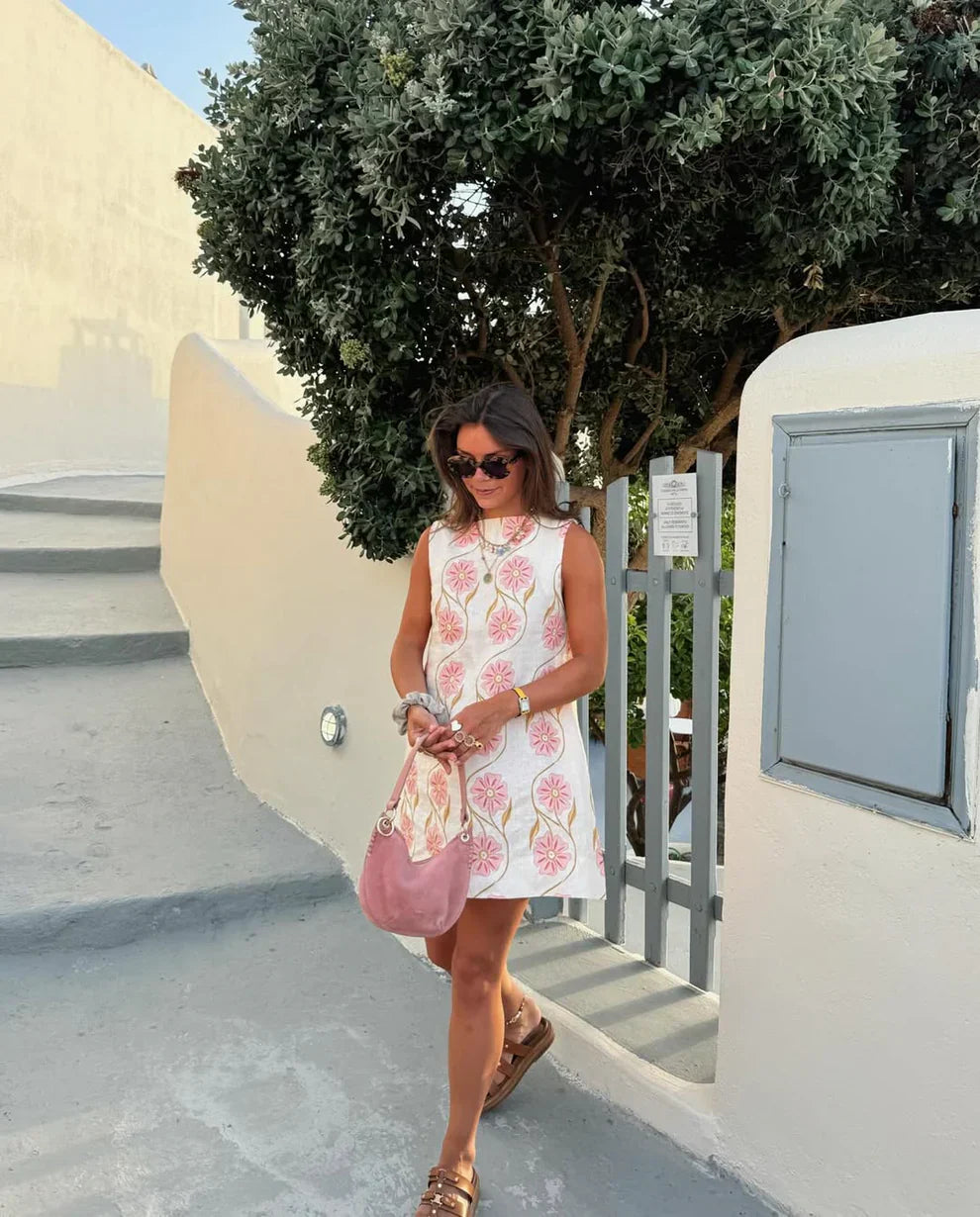 Women's Floral Mini Dress Sleeveless Straight Neck –Summer Out