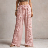 Women's Floral Wide-Leg Pants Raised Detail Full Length – Beach Vacation