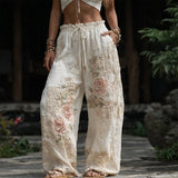 Women's Floral Wide-Leg Pants Raised Detail Full Length – Beach Vacation