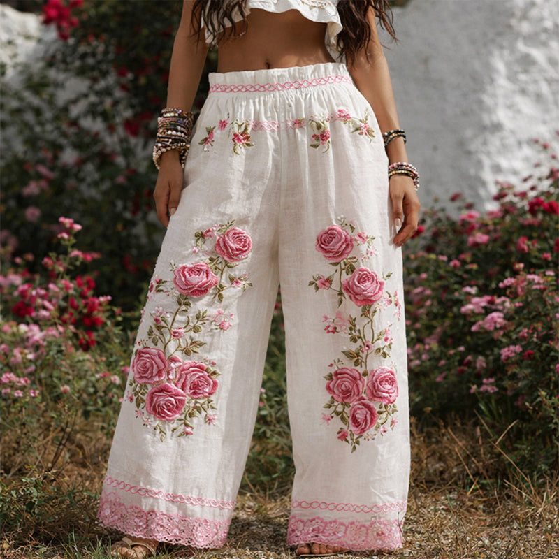 Women's Floral Wide-Leg Pants Raised Detail Full Length – Beach Vacation