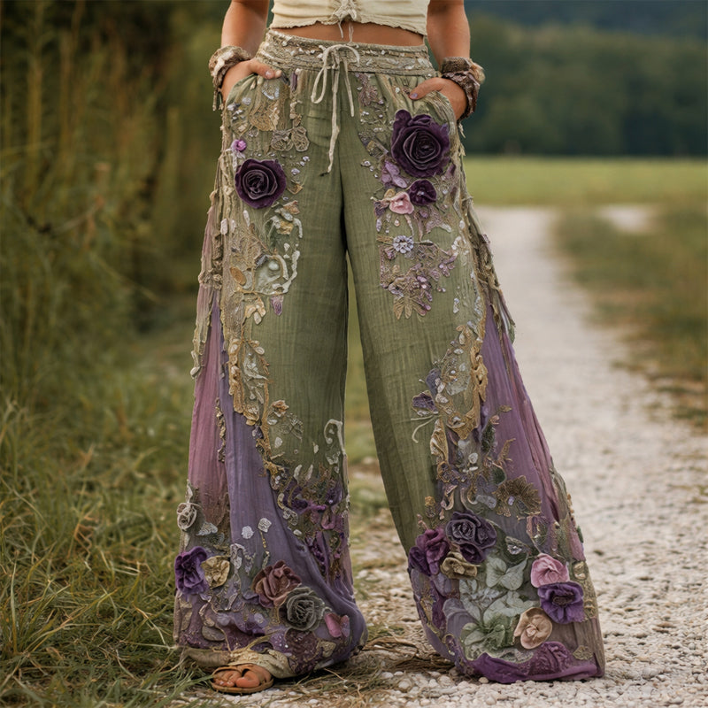 Women's Floral Wide-Leg Pants Raised Detail Full Length – Beach Vacation