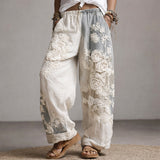 Women's Floral Wide-Leg Pants Raised Detail Full Length – Beach Vacation