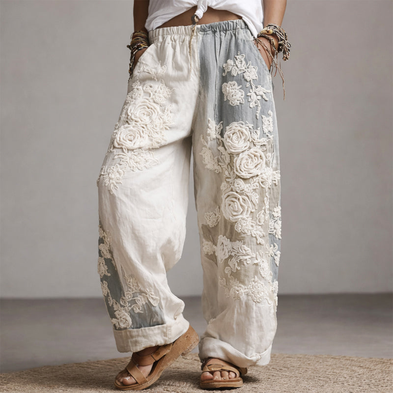 Women's Floral Wide-Leg Pants Raised Detail Full Length – Beach Vacation