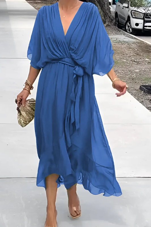 Women's Flowing Maxi Dress Draped V Neck Tie Waist – Cocktail Party