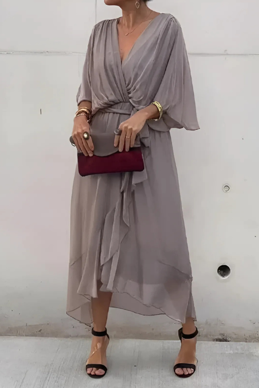 Women's Flowing Maxi Dress Draped V Neck Tie Waist – Cocktail Party