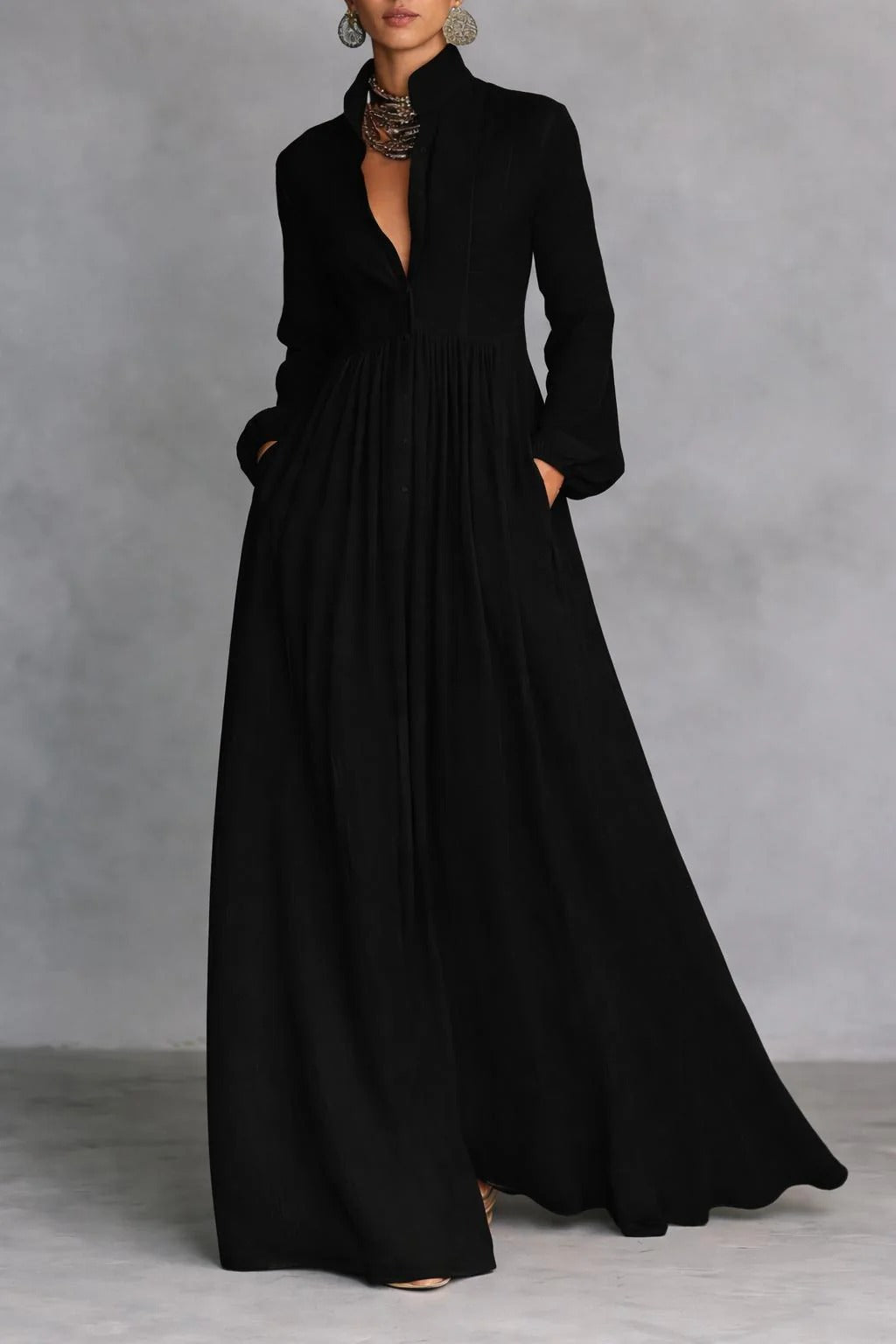 Women's Flowing Maxi Dress Stand Collar Long Sleeve – Evening Events