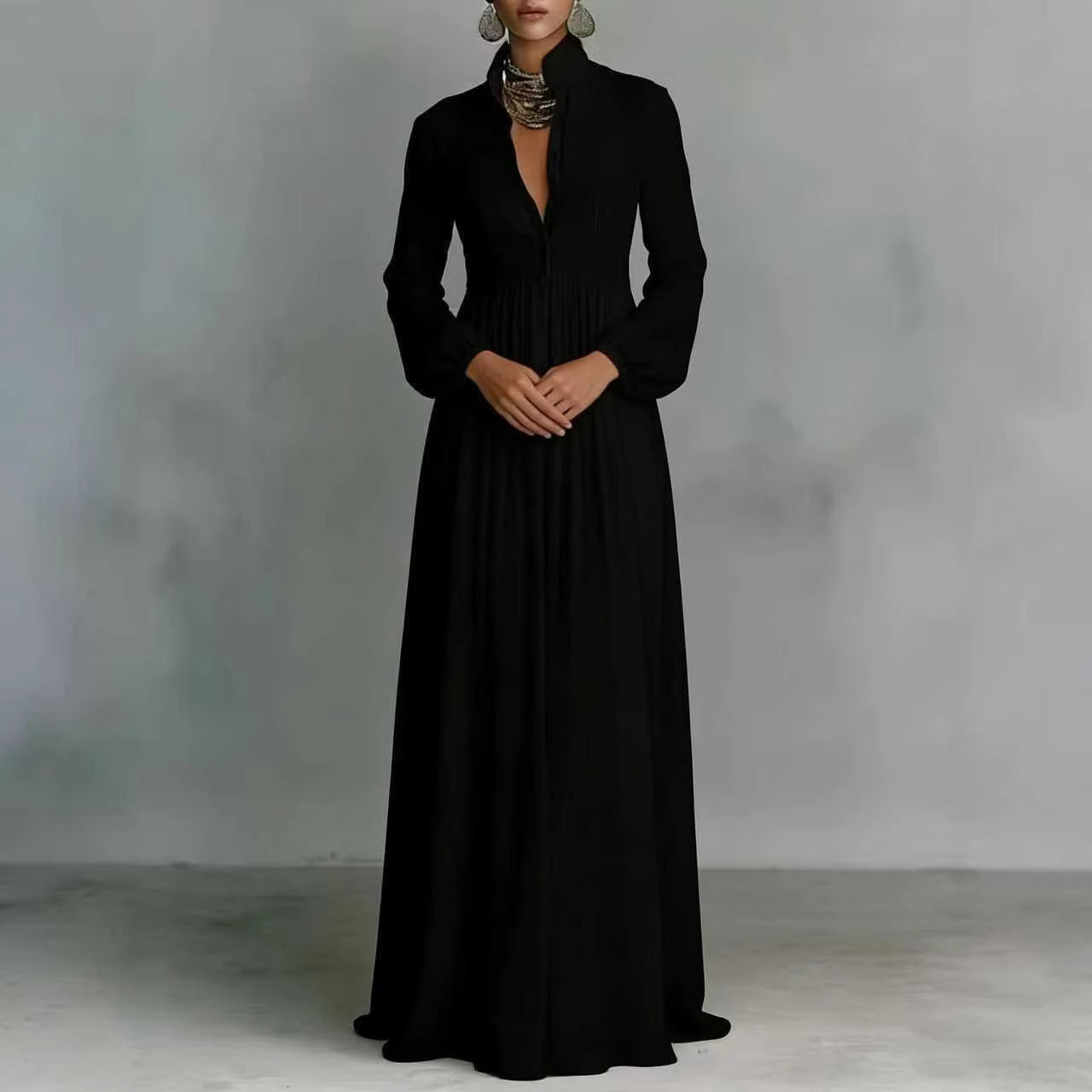 Women's Flowing Maxi Dress Stand Collar Long Sleeve – Evening Events
