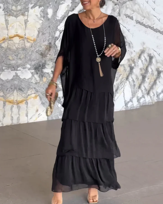Women's Flowing Maxi Dress Tiered Round Neck Wide Sleeve – Garden Party