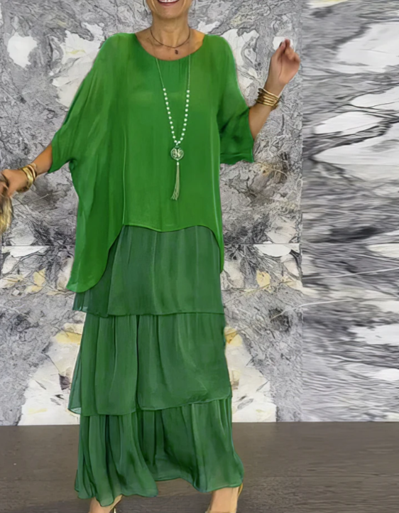 Women's Flowing Maxi Dress Tiered Round Neck Wide Sleeve – Garden Party