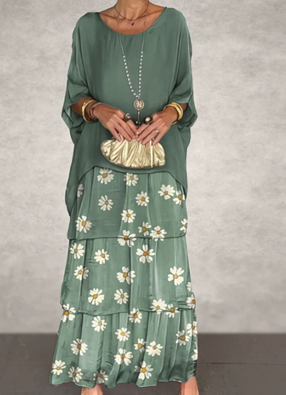 Women's Flowing Maxi Dress Tiered Round Neck Wide Sleeve – Garden Party