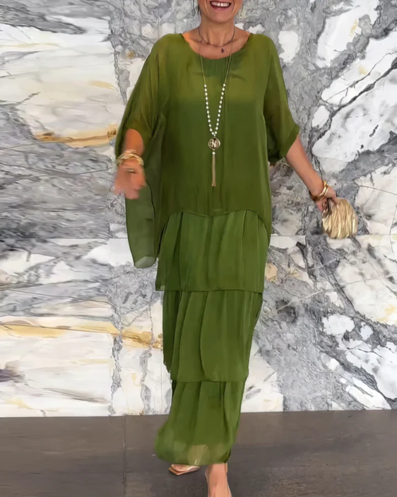 Women's Flowing Maxi Dress Tiered Round Neck Wide Sleeve – Garden Party