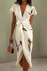 Women's Flowing Midi Dress Leaf Print Wrap V Neck – Beach Vacation