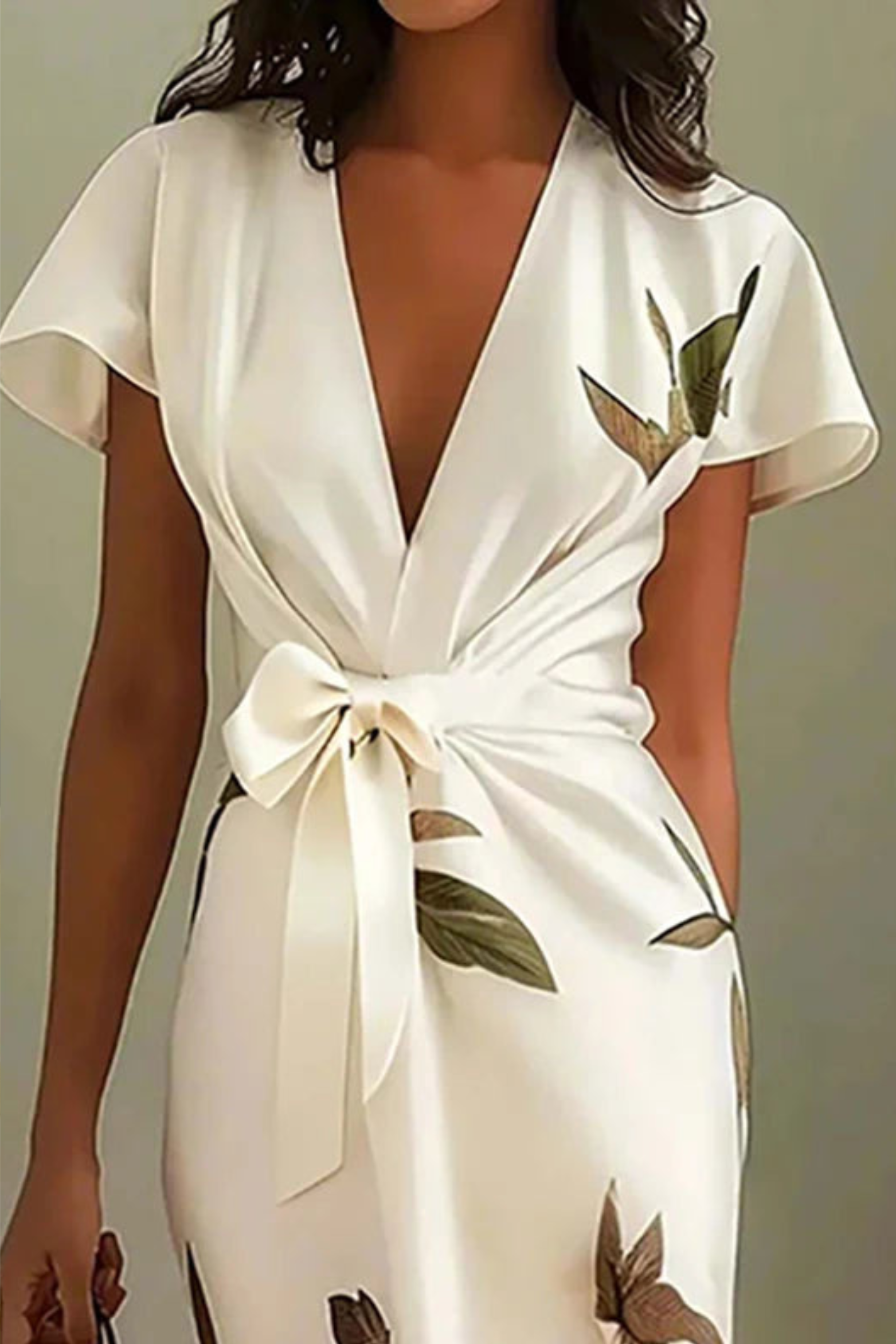 Women's Flowing Midi Dress Leaf Print Wrap V Neck – Beach Vacation