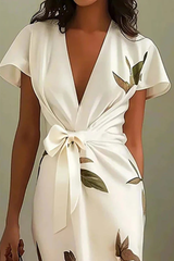 Women's Flowing Midi Dress Leaf Print Wrap V Neck – Beach Vacation