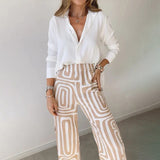 Women's Geometric 2 Piece Set Wide Leg Pants Long Sleeve – Night Out