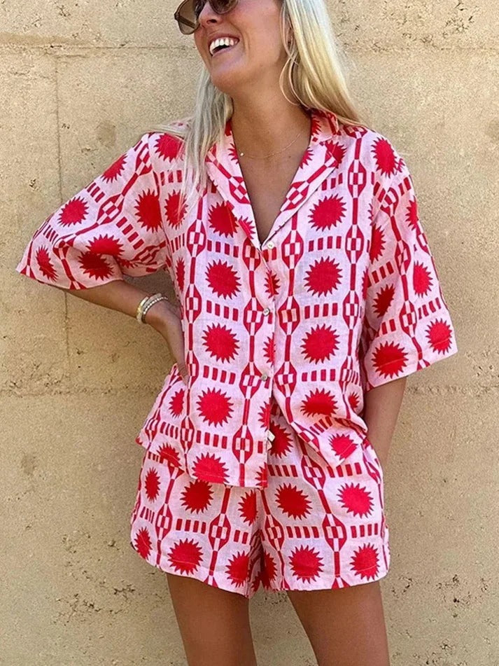 Women's Geometric Print Two Piece Set Button Shirt Shorts – Summer Outings