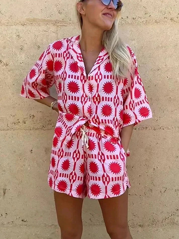 Women's Geometric Print Two Piece Set Button Shirt Shorts – Summer Outings