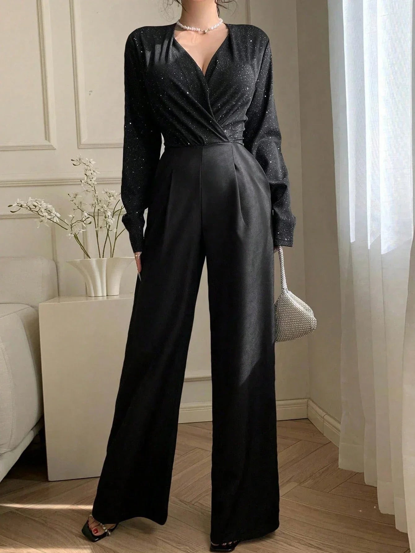 Women's Glitter Jumpsuit Wrap Wide Leg V Neck Long Sleeve – Going Out