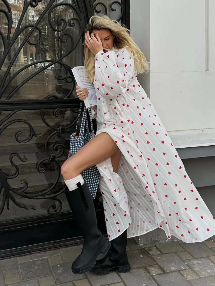 Women's Heart Print Maxi Dress Button Front Puff Sleeve – Garden Party