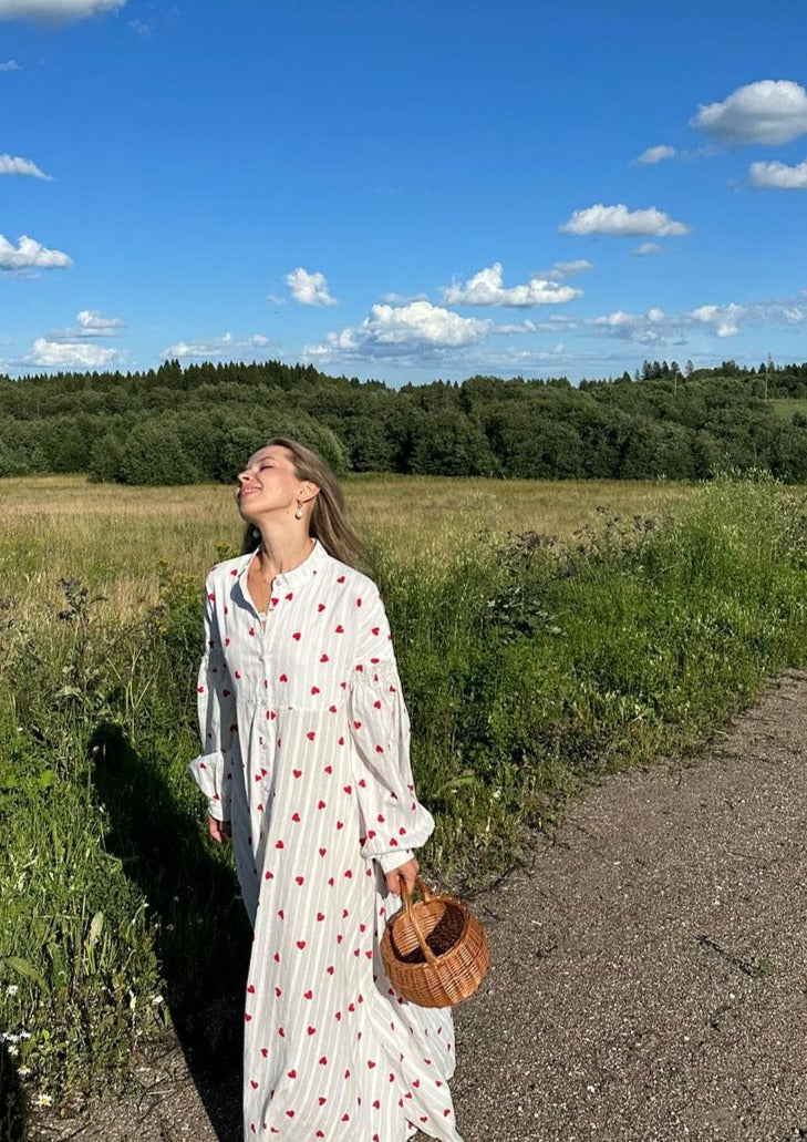 Women's Heart Print Maxi Dress Button Front Puff Sleeve – Garden Party