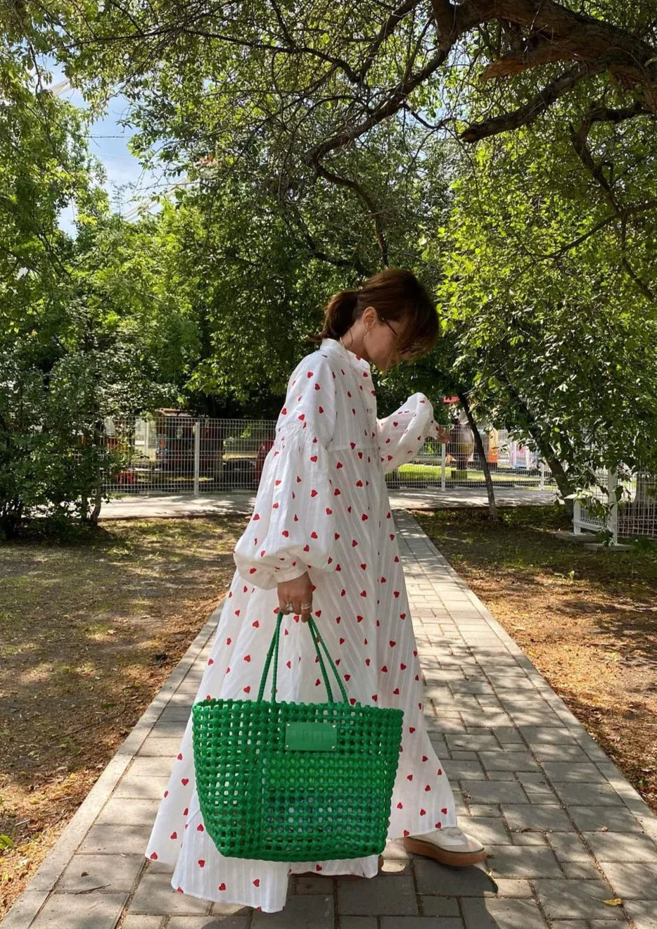 Women's Heart Print Maxi Dress Button Front Puff Sleeve – Garden Party