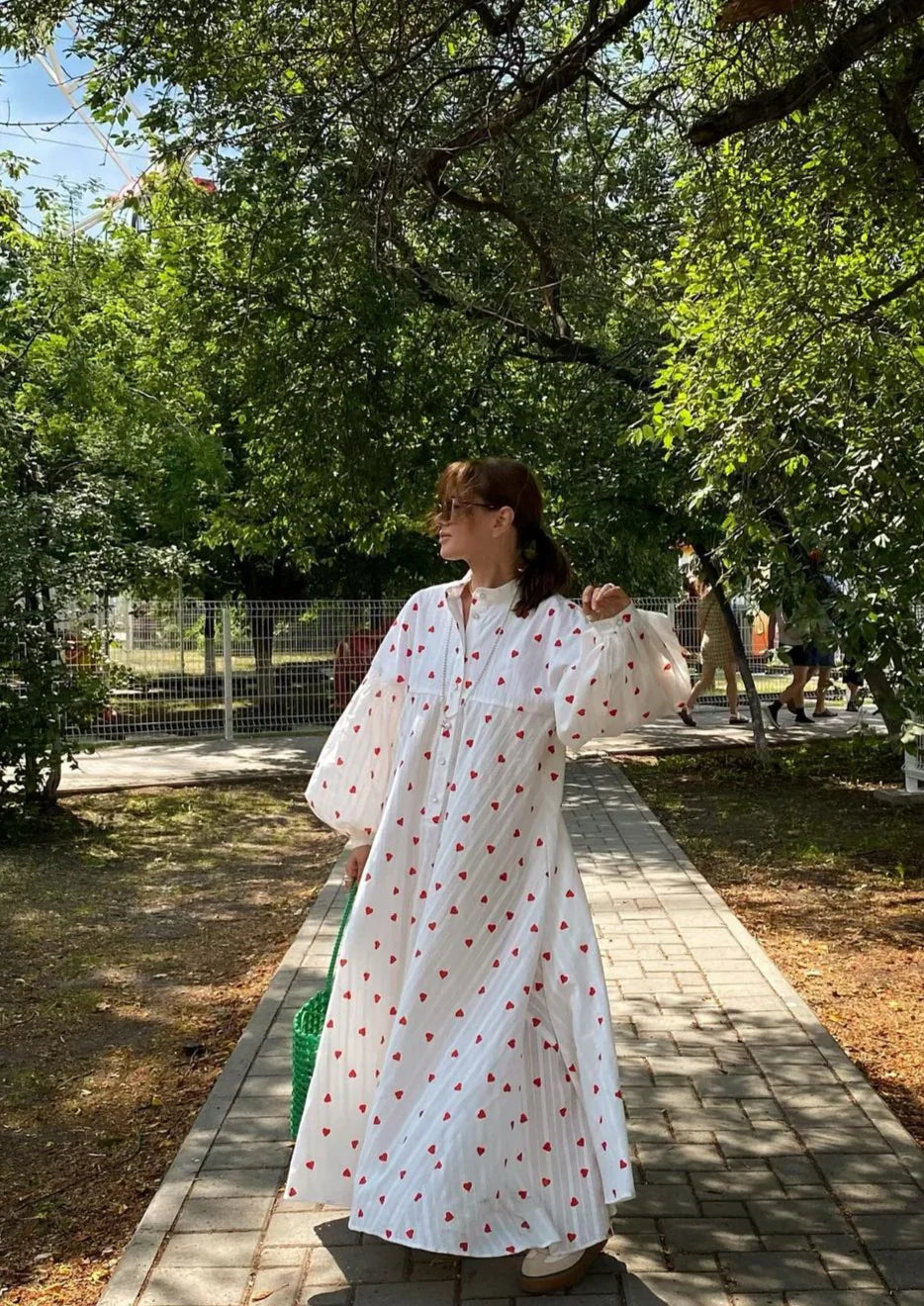 Women's Heart Print Maxi Dress Button Front Puff Sleeve – Garden Party