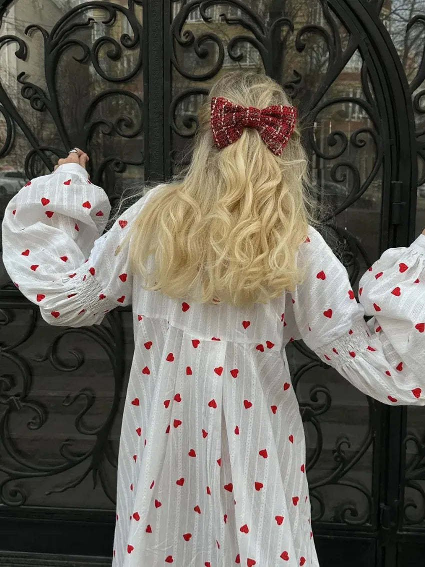 Women's Heart Print Maxi Dress Button Front Puff Sleeve – Garden Party