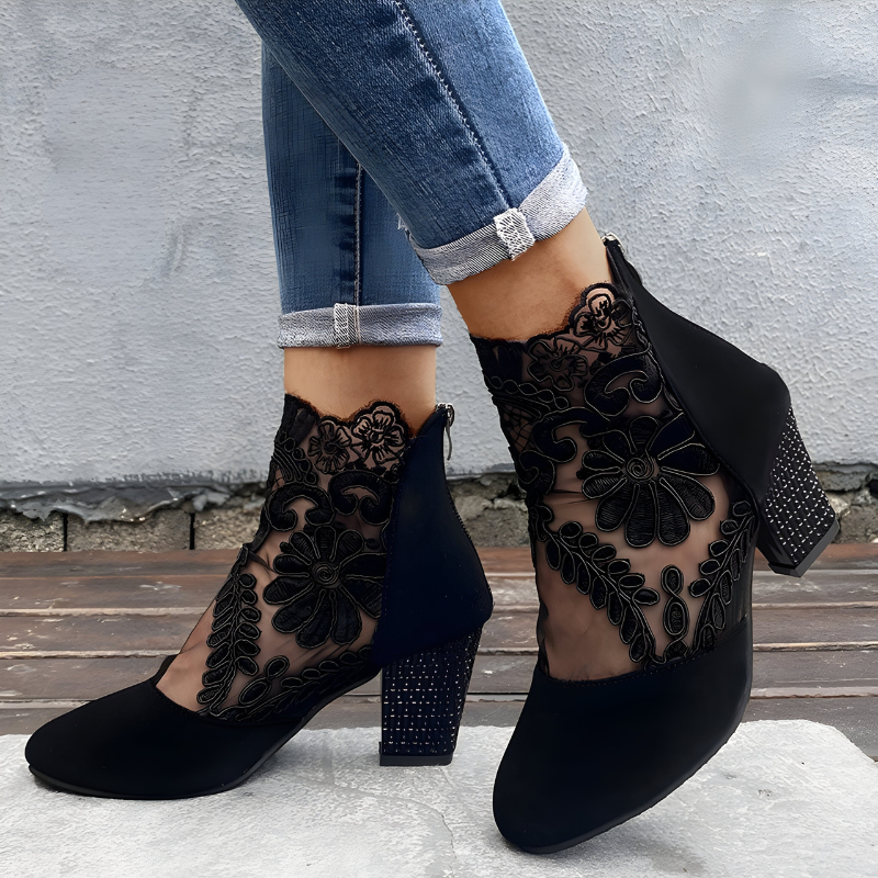 Women's Heels Floral Lace Pointed Toe Covered Side Back Zip – Night Out