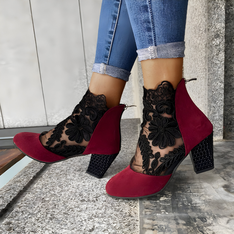Women's Heels Floral Lace Pointed Toe Covered Side Back Zip – Night Out