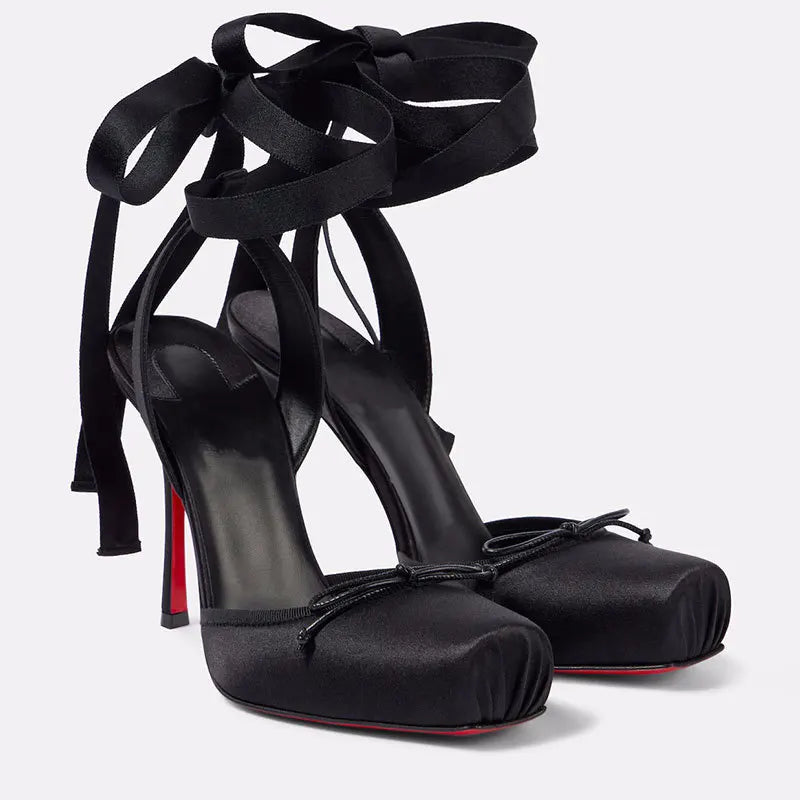 Women’s High Heels Square Toe Bow Accent Ankle Ties – Gallery Receptions