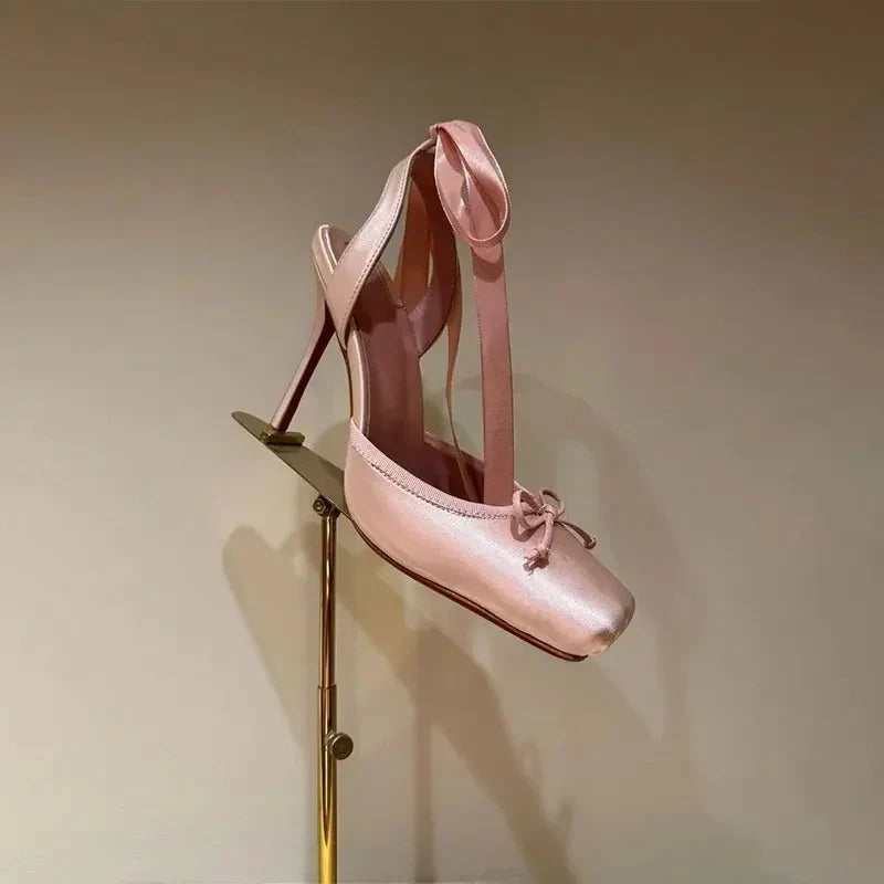Women’s High Heels Square Toe Bow Accent Ankle Ties – Gallery Receptions