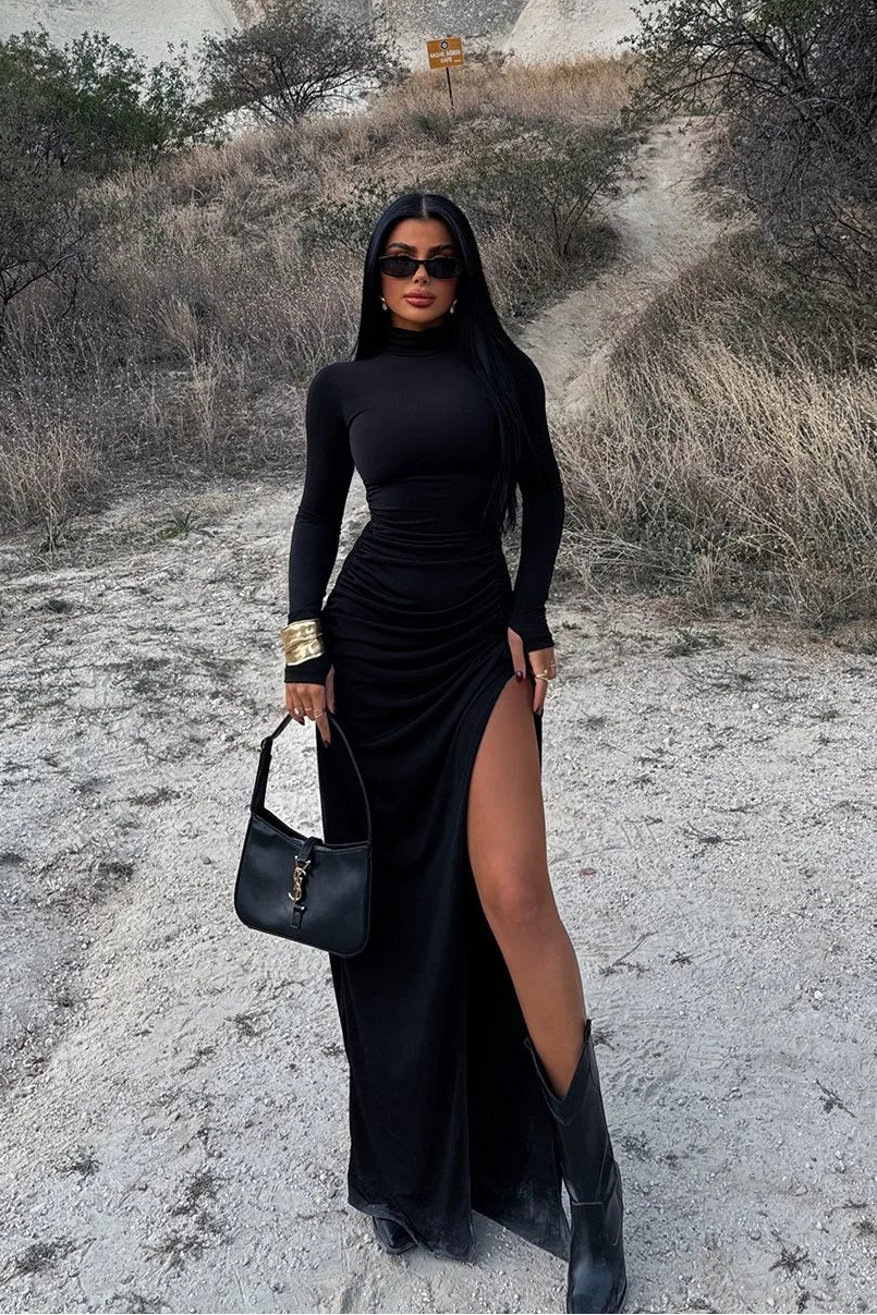 Women's High Slit Turtleneck Cocktail Party Maxi Dress – Evening Gala