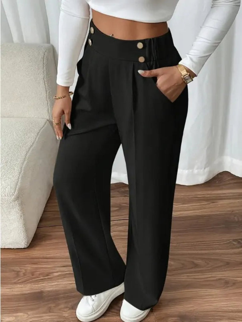 Women’s High-Waisted Wide-Leg Trousers Button Detail Side Pockets – Workday Meetings
