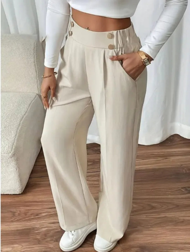 Women’s High-Waisted Wide-Leg Trousers Button Detail Side Pockets – Workday Meetings