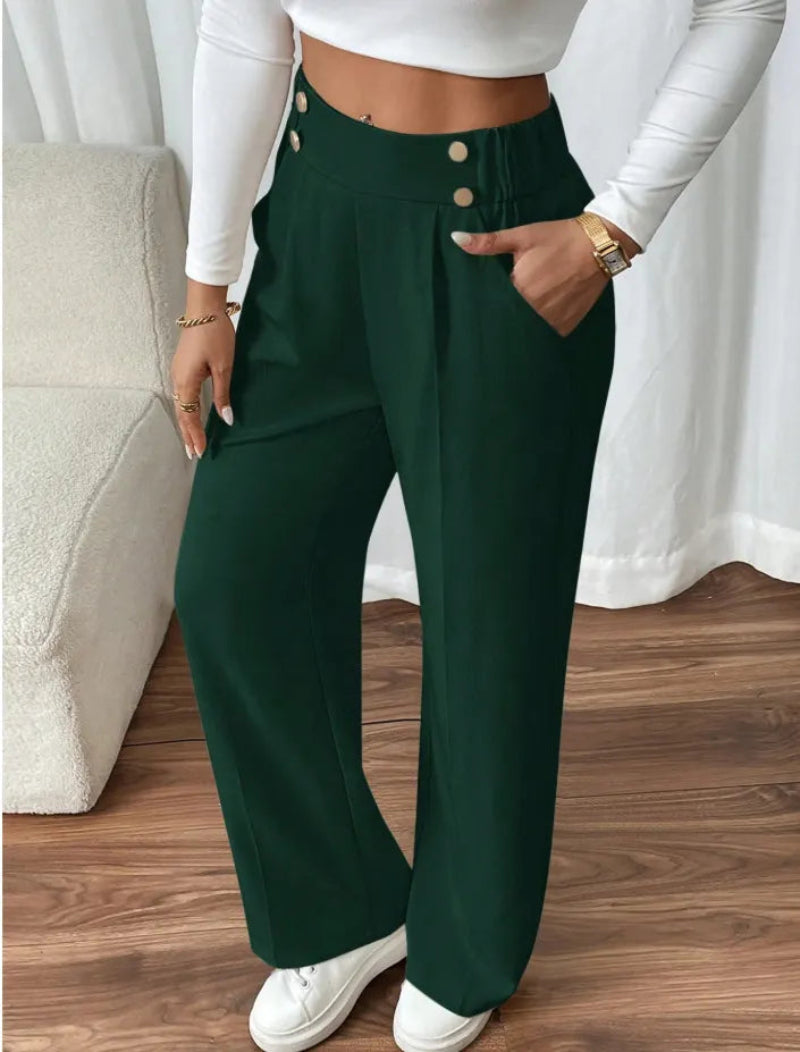 Women’s High-Waisted Wide-Leg Trousers Button Detail Side Pockets – Workday Meetings