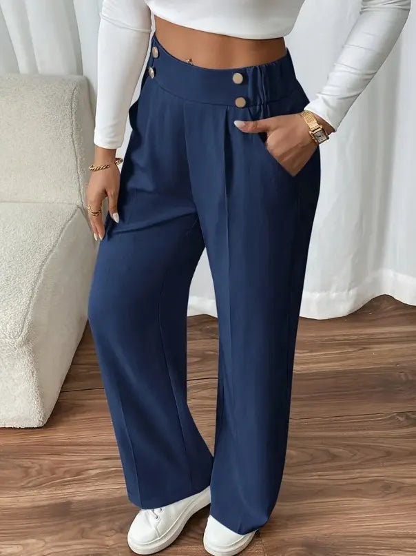 Women’s High-Waisted Wide-Leg Trousers Button Detail Side Pockets – Workday Meetings