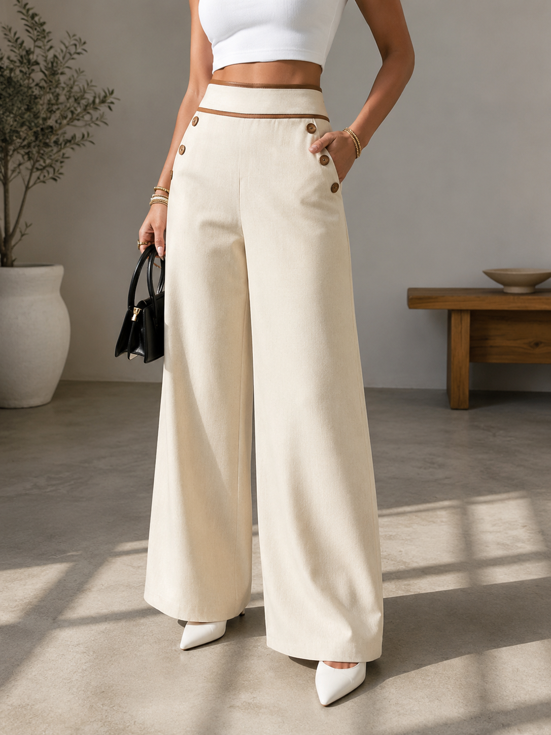 Women’s High-Waisted Wide-Leg Trousers Side Button Detail Side Pockets – Business Lunches