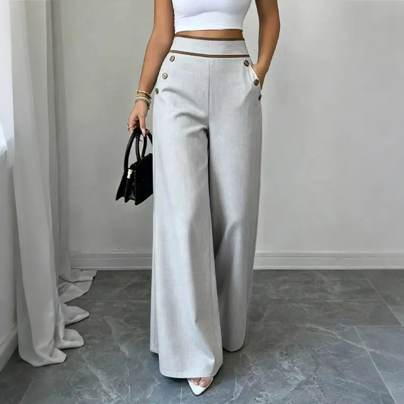 Women’s High-Waisted Wide-Leg Trousers Side Button Detail Side Pockets – Business Lunches
