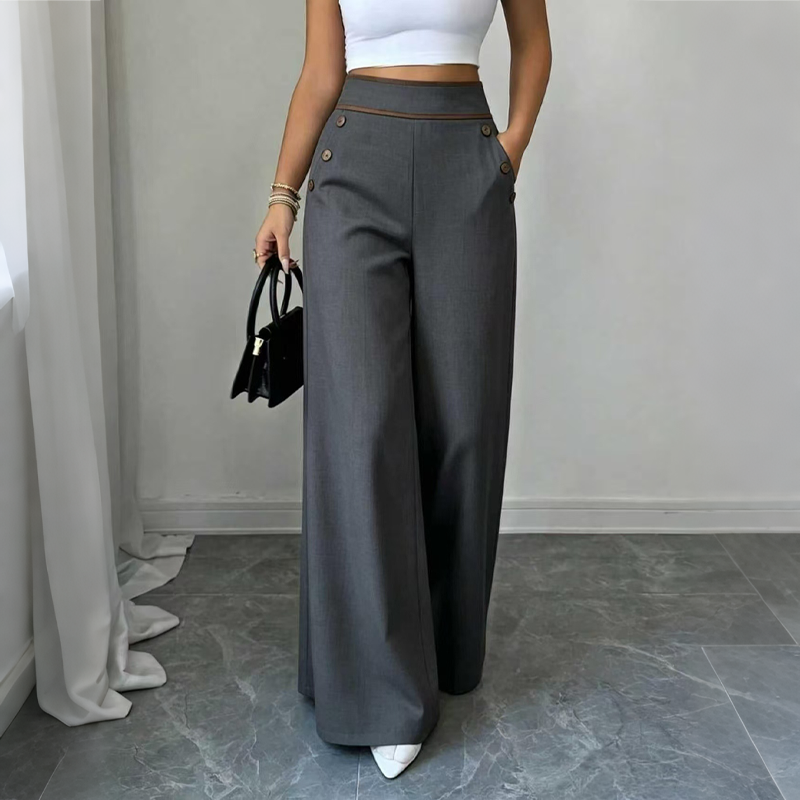 Women’s High-Waisted Wide-Leg Trousers Side Button Detail Side Pockets – Business Lunches