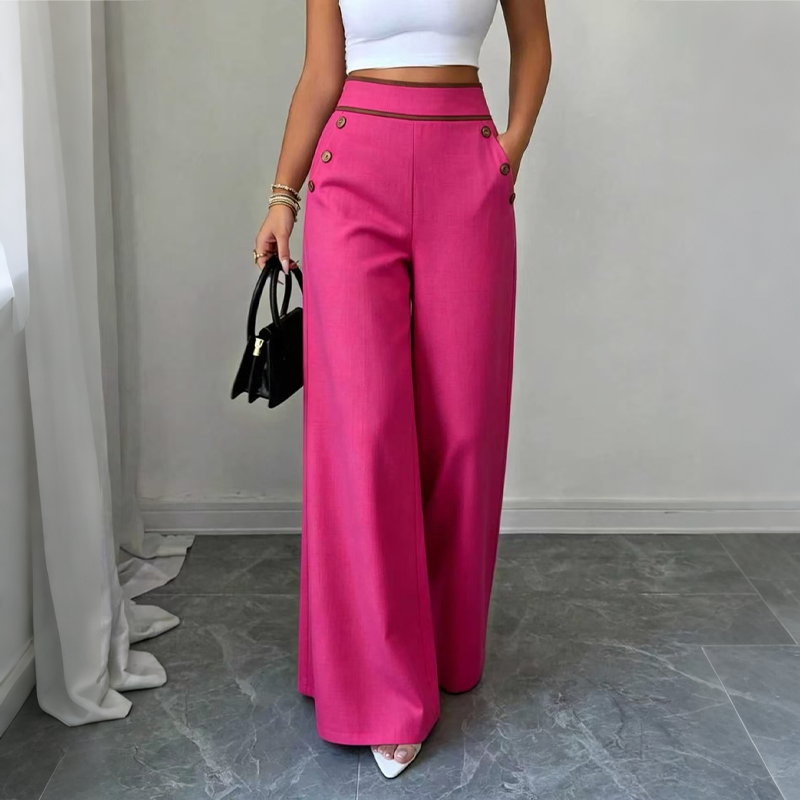 Women’s High-Waisted Wide-Leg Trousers Side Button Detail Side Pockets – Business Lunches